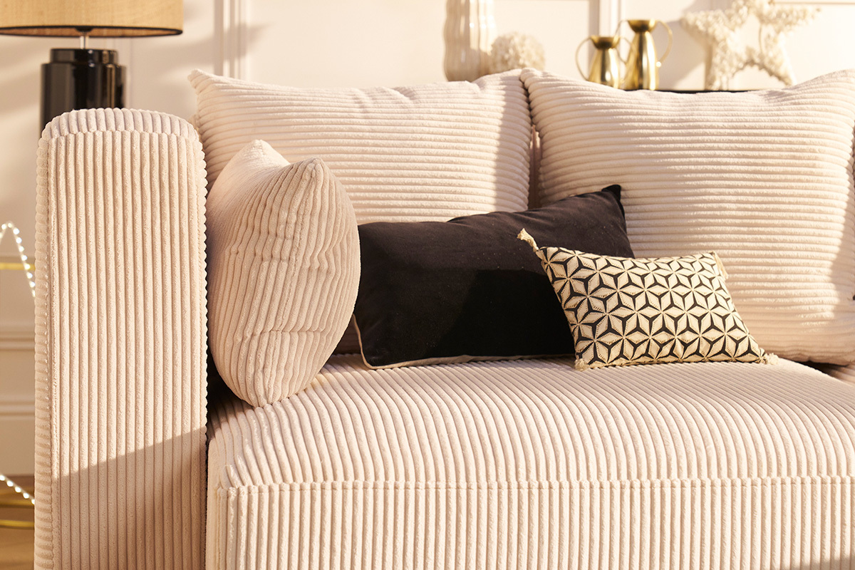 Canap� d'angle gauche 3 places en tissu velours c�tel� beige et bois clair HARLEM