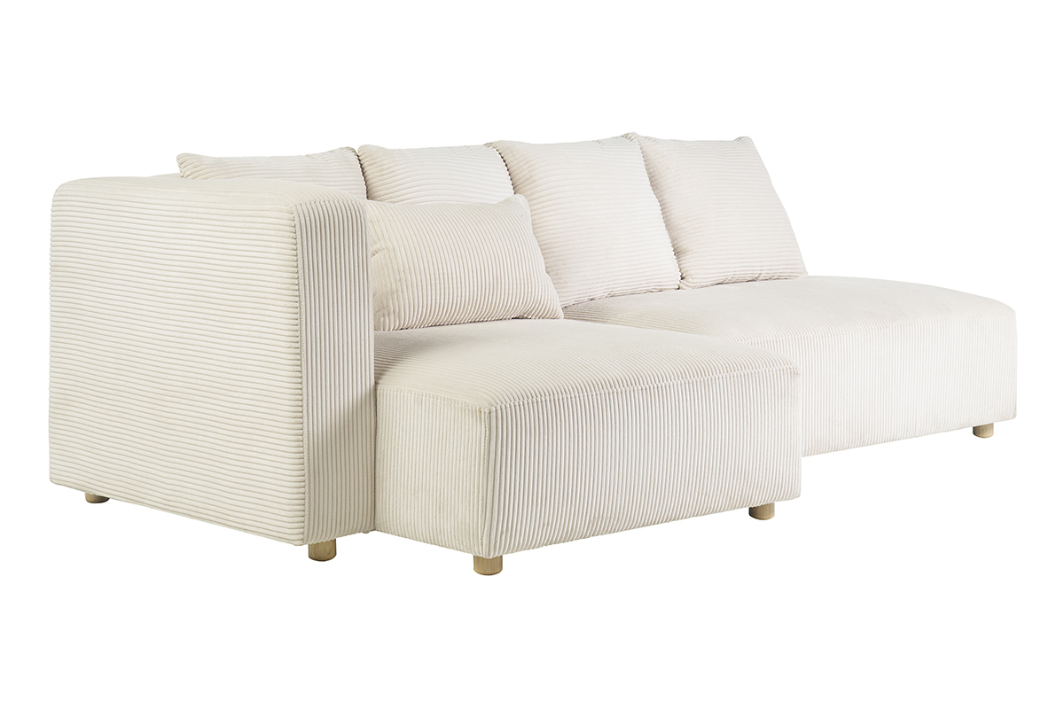 Canap� d'angle gauche 3 places en tissu velours c�tel� beige et bois clair HARLEM