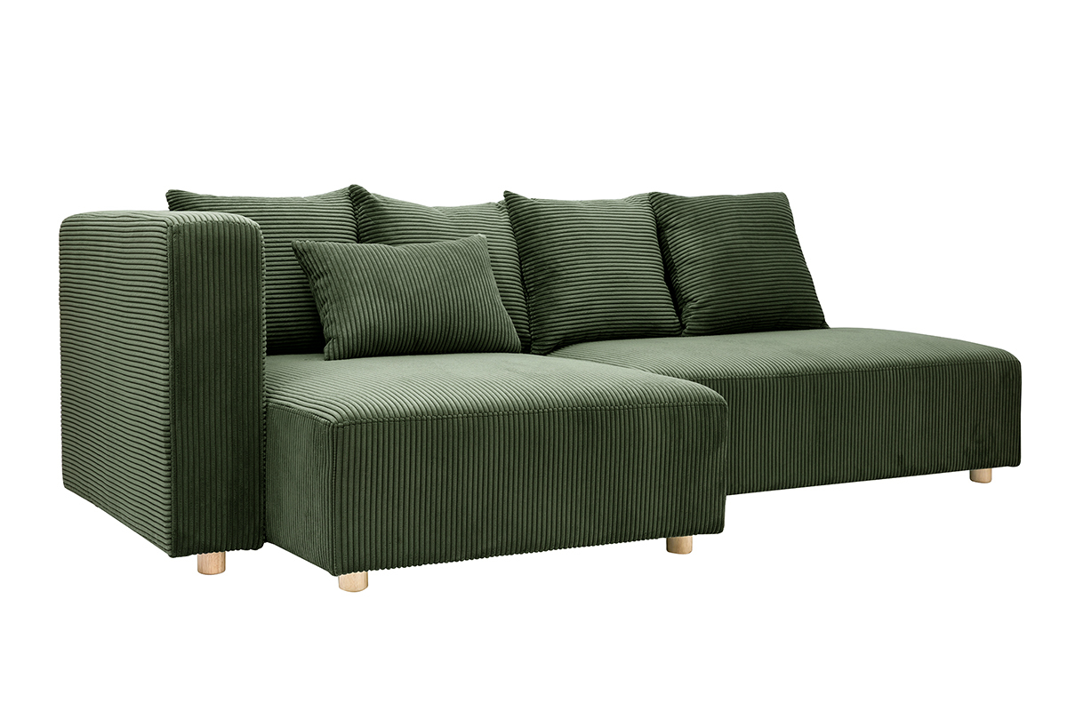 Canap� d'angle gauche 3 places en tissu velours c�tel� vert kaki et bois clair HARLEM