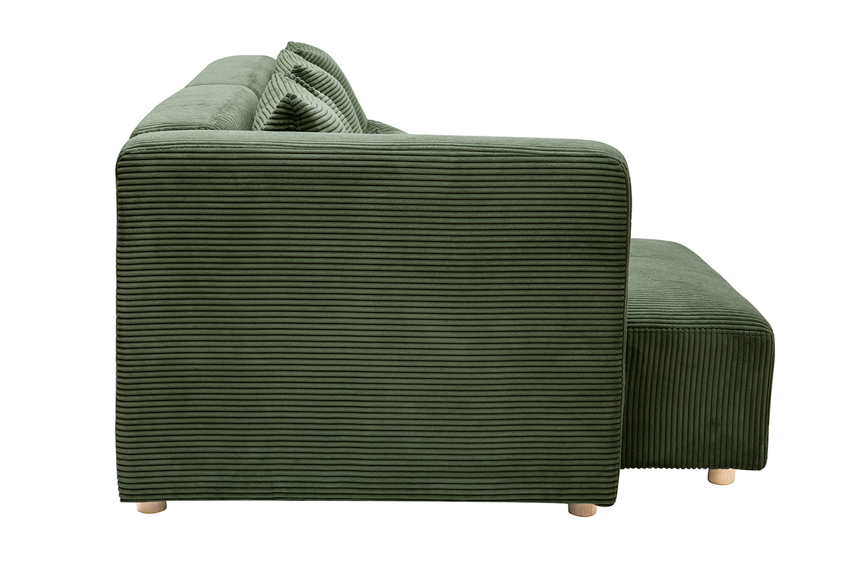 Canap� d'angle gauche 3 places en tissu velours c�tel� vert kaki et bois clair HARLEM