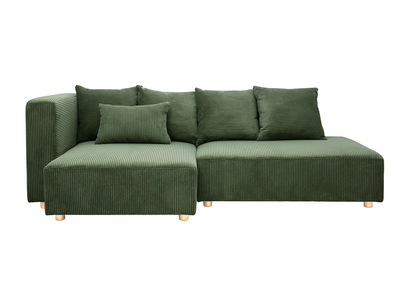 Canap&eacute; d'angle gauche 3 places en tissu velours c&ocirc;tel&eacute; vert kaki et bois clair HARLEM