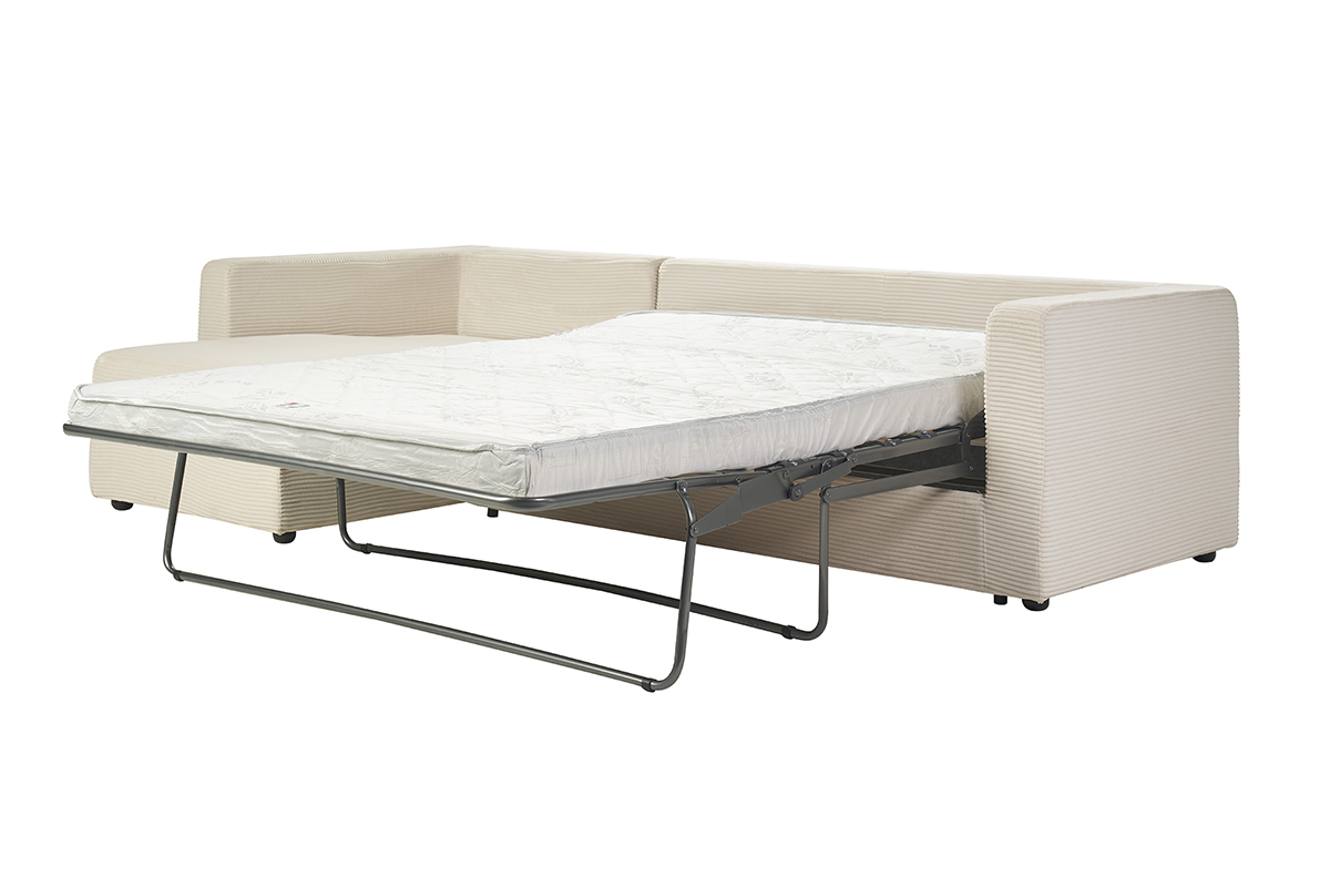 Canap� d'angle gauche convertible beige avec matelas d�pli�, vue de 3/4.