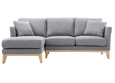 Canap&eacute; d'angle gauche d&eacute;houssable scandinave 3-4 places en tissu gris clair et bois clair OSLO