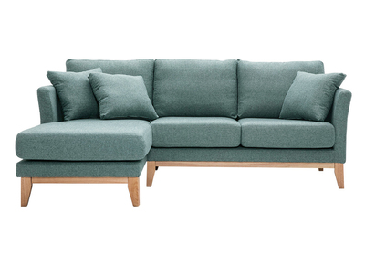 Canap&eacute; d'angle gauche d&eacute;houssable scandinave en tissu vert de gris et bois clair 3-4 places OSLO