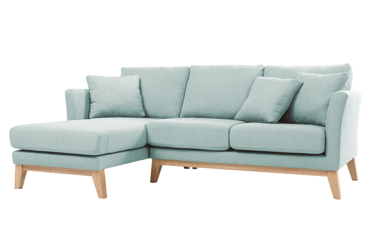 Canap� d'angle gauche d�houssable scandinave en tissu vert lagon et bois clair 3-4 places OSLO