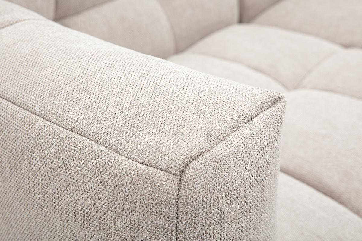 Canap� d'angle gauche en tissu velours textur� beige 3 places, design moderne et confortable.
