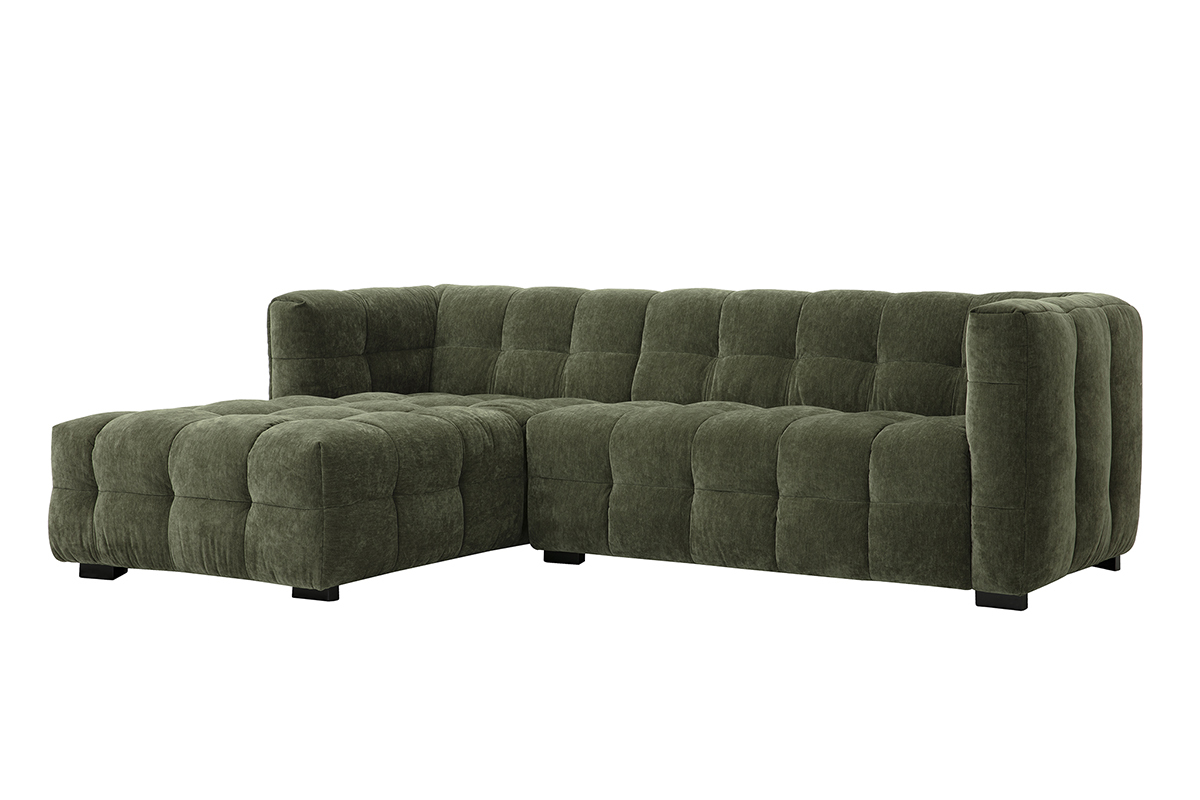 Canap� d'angle gauche 3 places en tissu velours vert kaki CORTO, vue de 3/4.