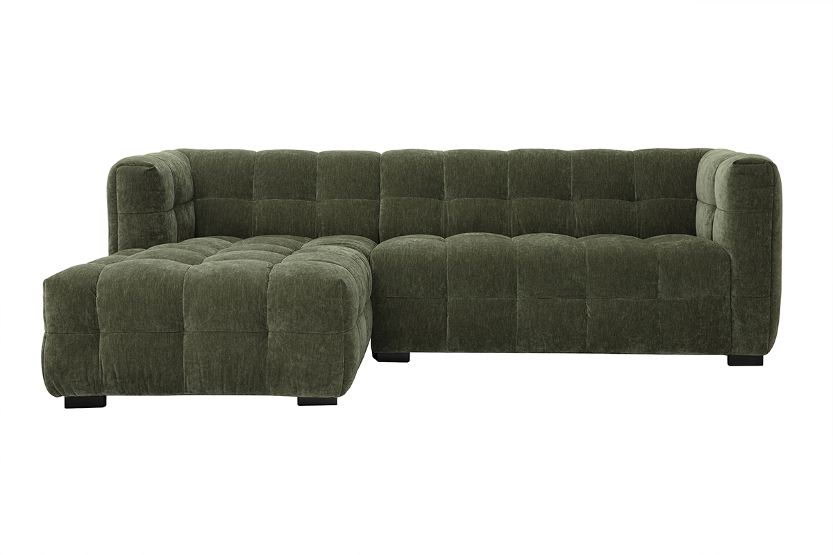 Canap� d'angle gauche 3 places en tissu vert kaki effet velours, vue de face.