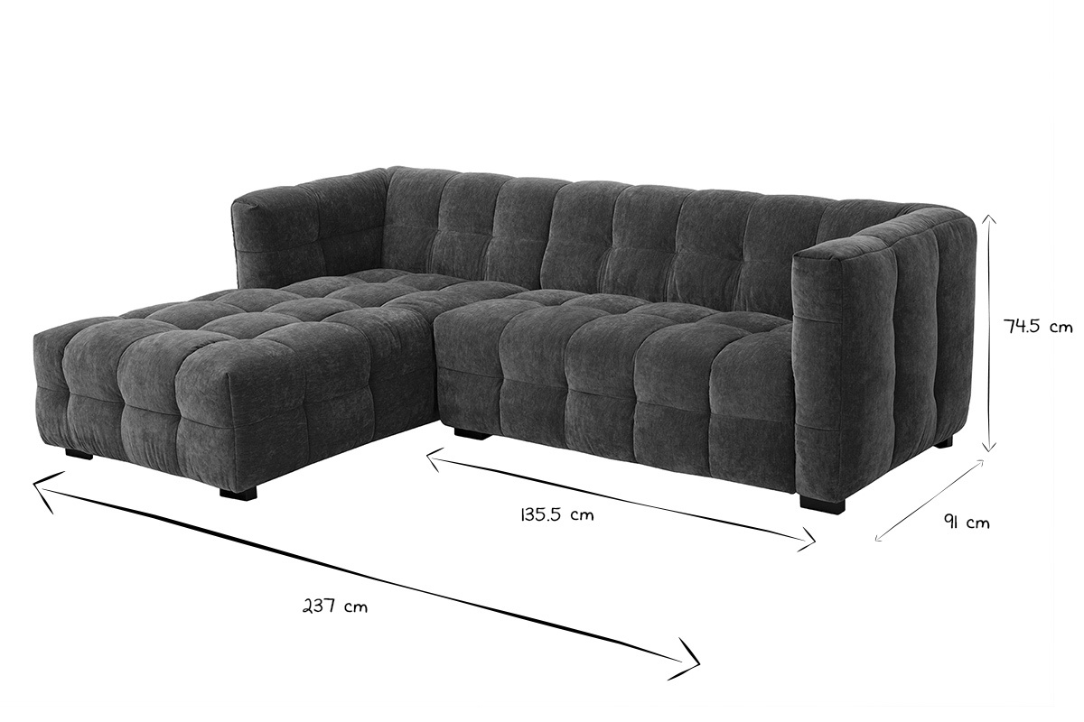Canap� d'angle gauche 3 places, dimensions en noir et blanc L237 x P91-173 x H74.5 cm.