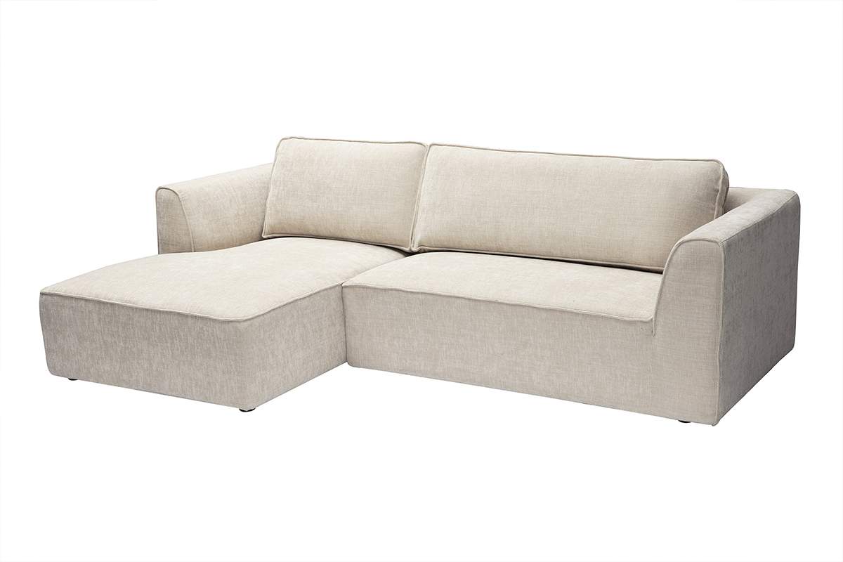 Canap� d'angle gauche beige en tissu effet velours textur�, 3 places, vue de 3/4.