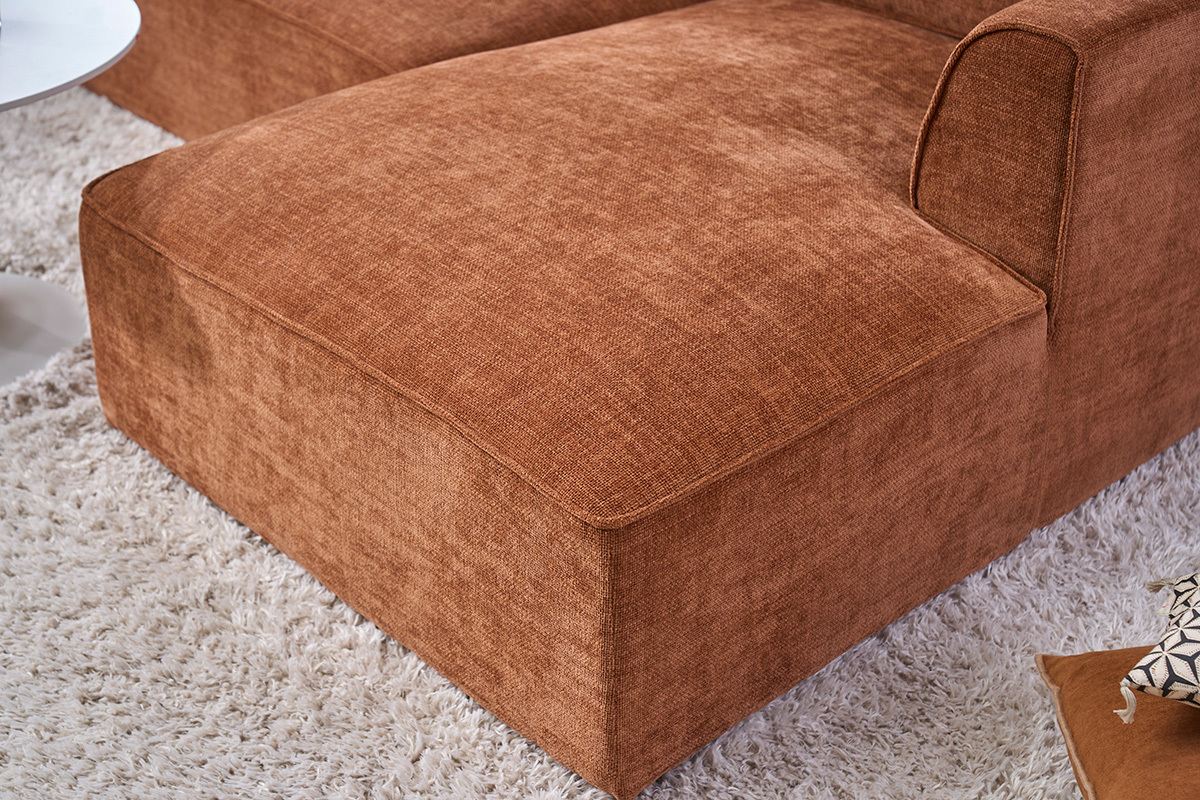 Canap� d'angle gauche design en tissu effet velours textur� terre br�l�e 3 places GRAMMY