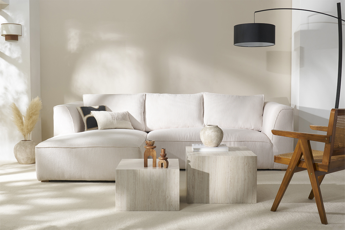 Canap� d'angle gauche design en tissu velours c�tel� �cru 3-4 places PANAM