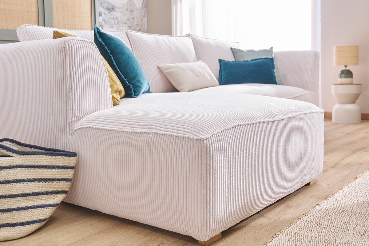 Canap� d'angle gauche design en tissu velours c�tel� �cru 3-4 places PANAM