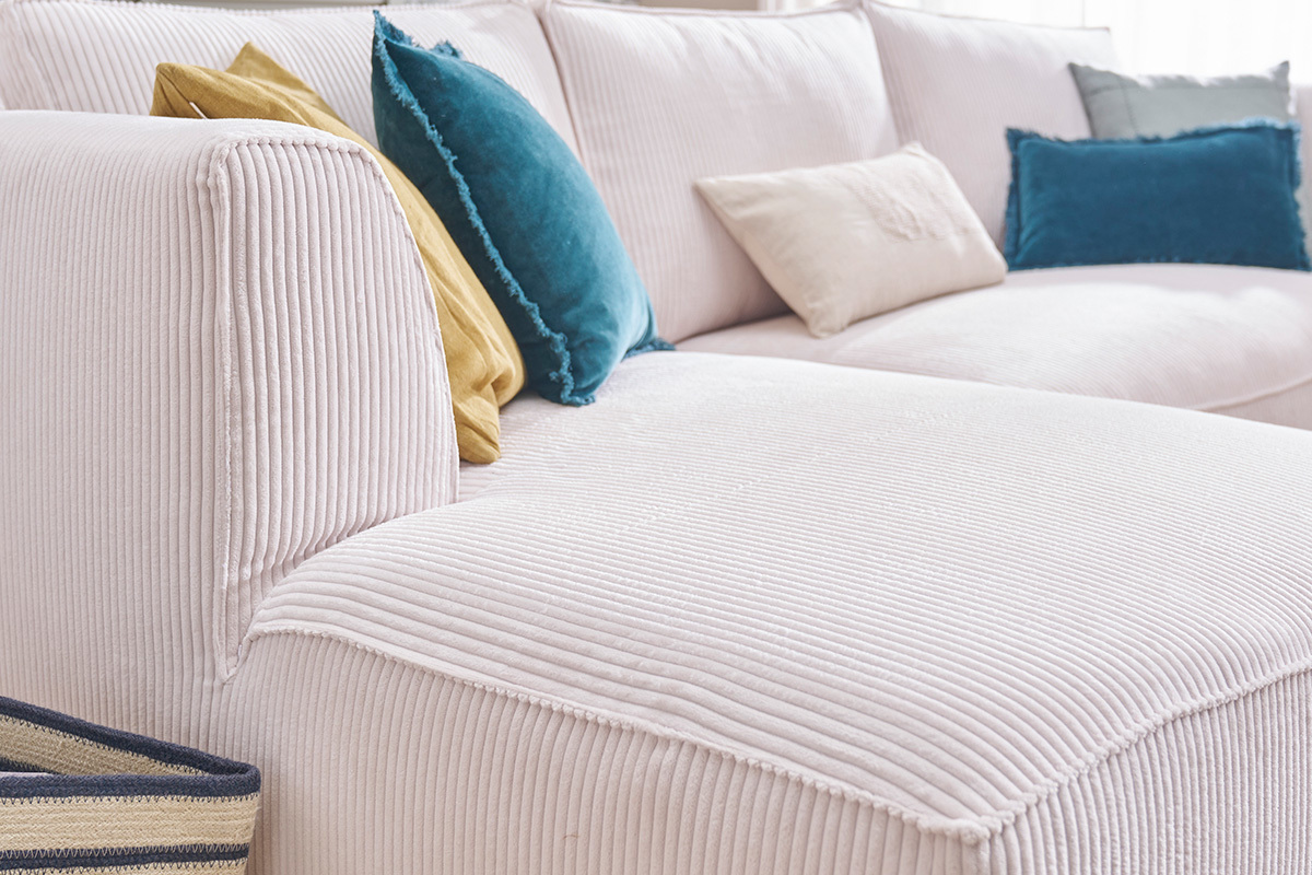 Canap� d'angle gauche design en tissu velours c�tel� �cru 3-4 places PANAM