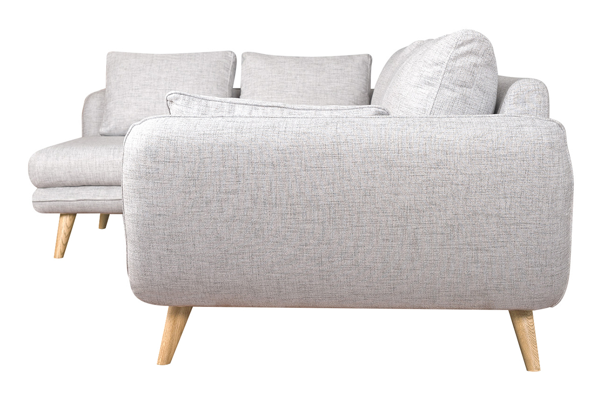 Canap� d'angle gauche scandinave 5 places en tissu gris clair chin� et bois clair CREEP