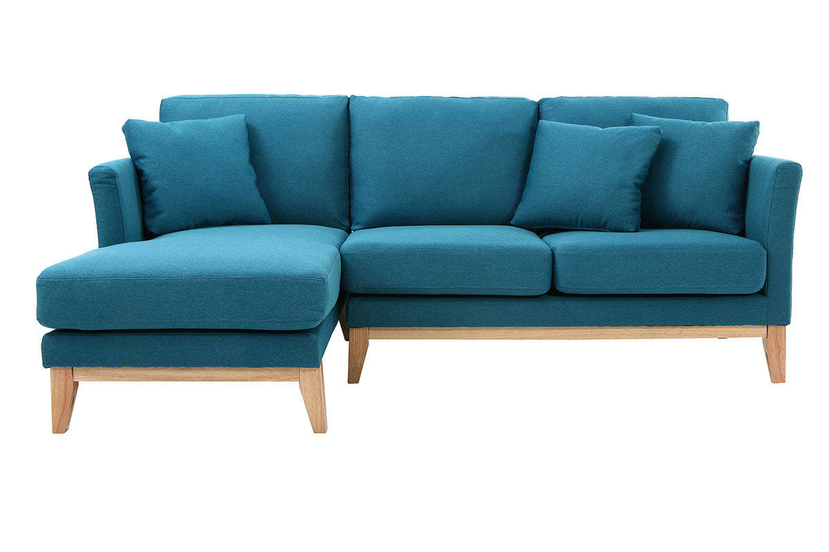 Canap� d'angle gauche bleu canard scandinave 3-4 places, vue de face.