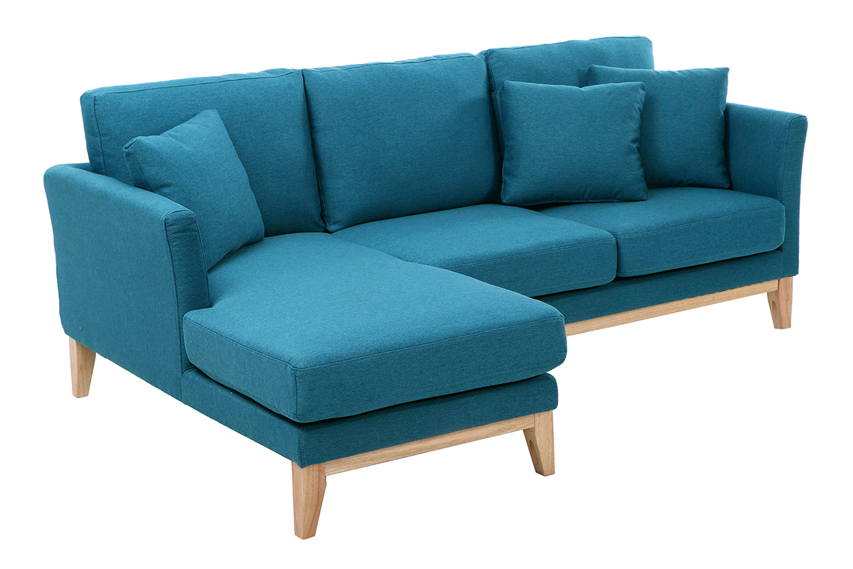 Canap� d'angle gauche bleu canard scandinave, pi�tement en bois clair.