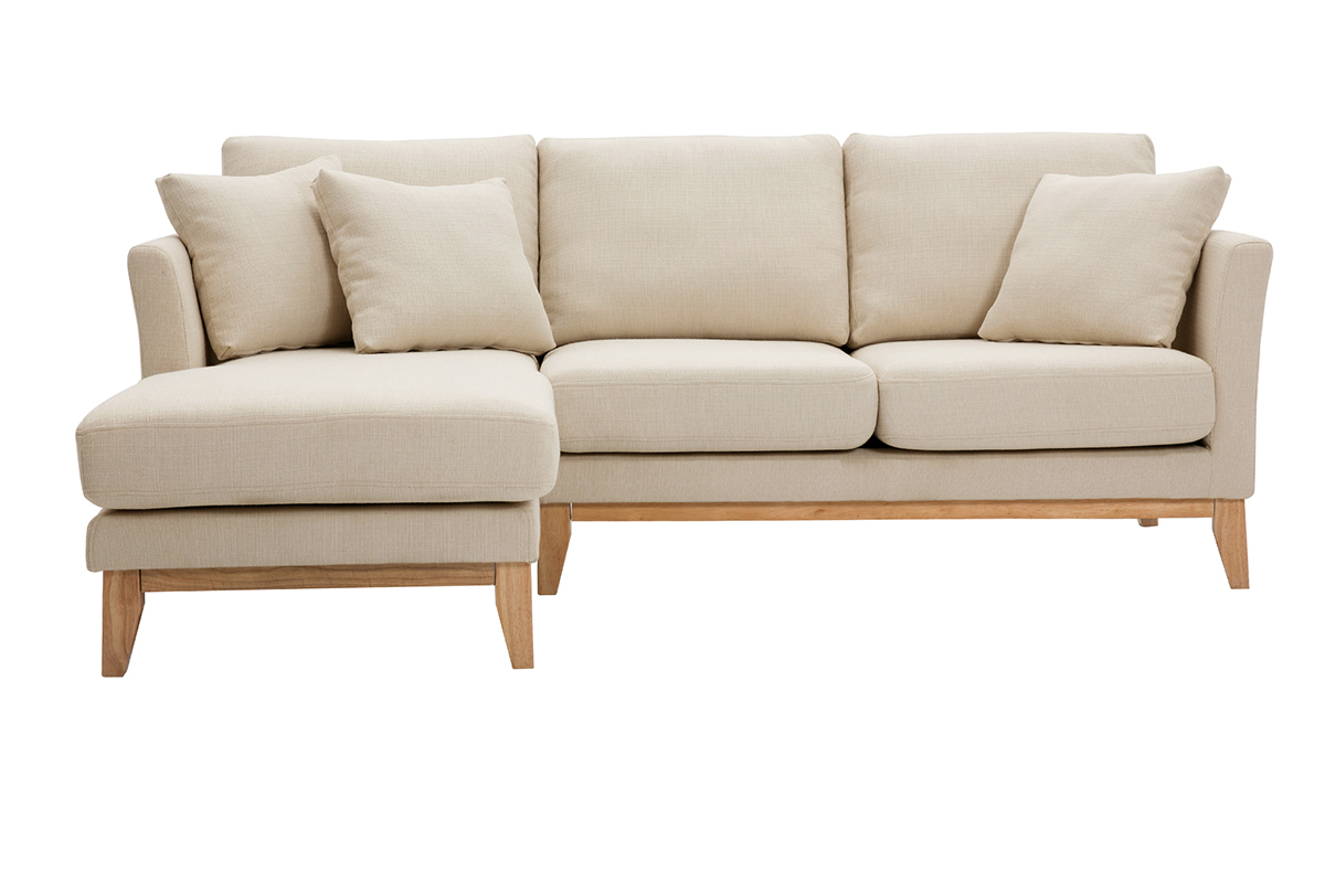 Canap� d'angle gauche scandinave en tissu beige avec coussins, vue de face