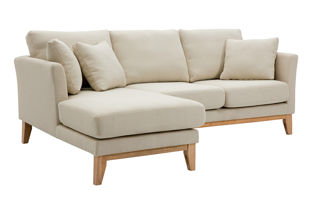 Canap� d'angle gauche scandinave en tissu beige avec accoudoirs et pieds en bois clair, vue de 3/4.