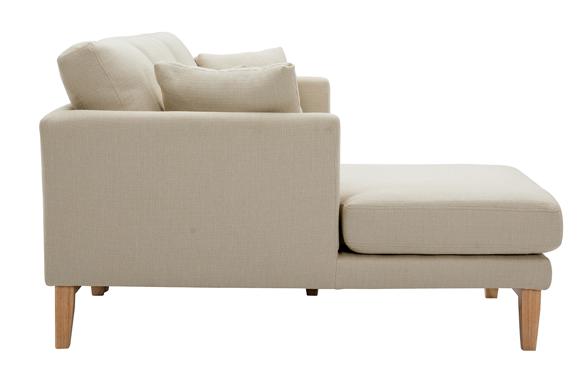 Canap� d'angle gauche scandinave beige avec m�ridienne, vue de profil, pieds en bois clair.