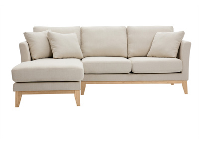 Canap&eacute; d'angle gauche scandinave en tissu beige d&eacute;houssable et bois clair 3-4 places OSLO
