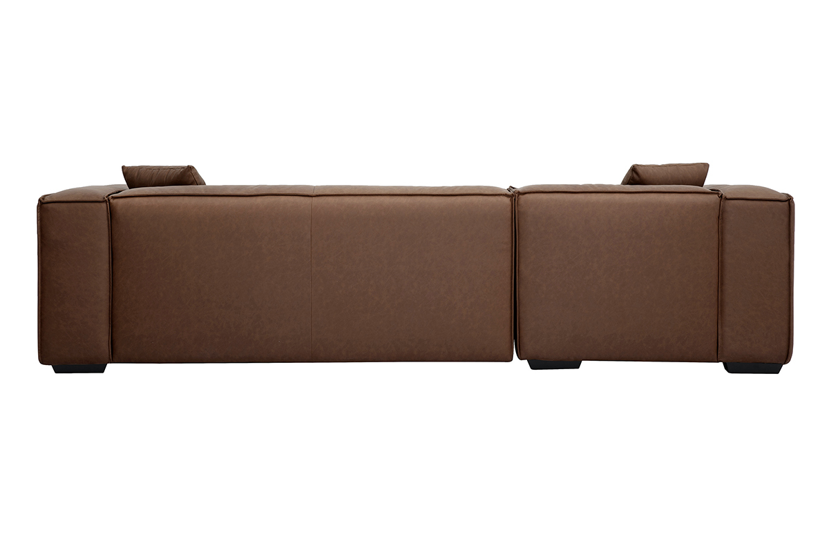 Canap� d'angle en cuir marron, vue arri�re, 4-5 places sur pieds en bois noir.