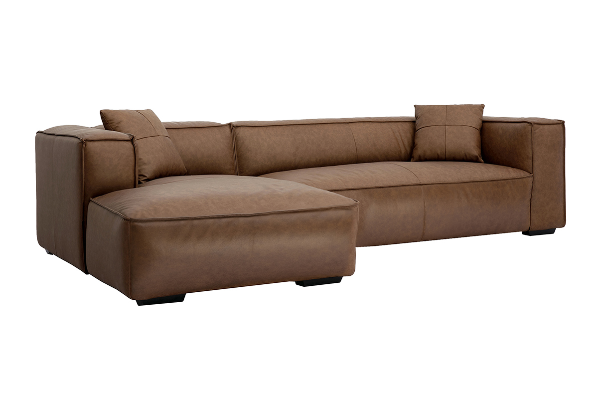 Canap� d'angle gauche 4-5 places en cuir marron avec m�ridienne. Vue 3/4.