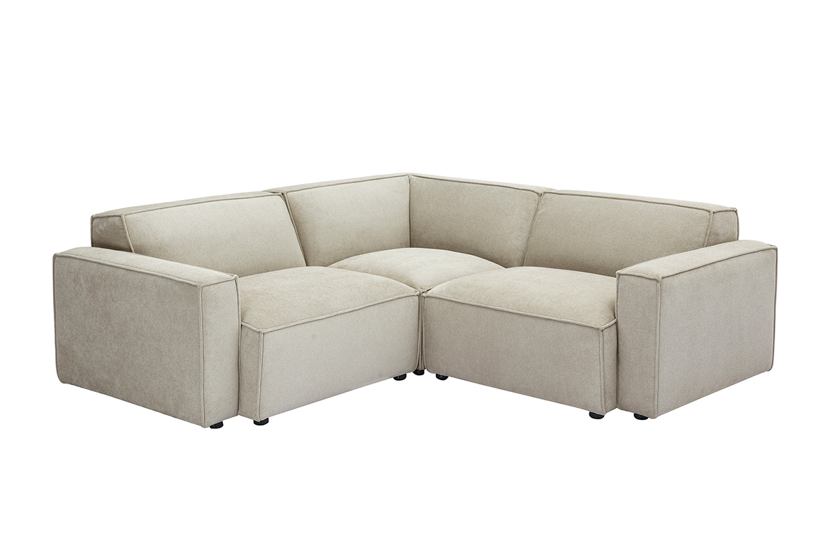 Canap� d'angle modulable 3 places en tissu beige, vue de trois-quarts.