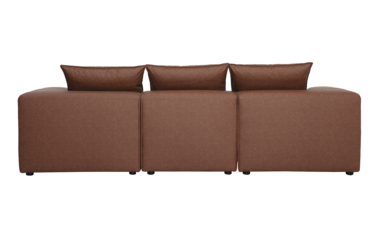 Canap� d'angle modulable 4 places en cuir marron vu de dos avec coussins