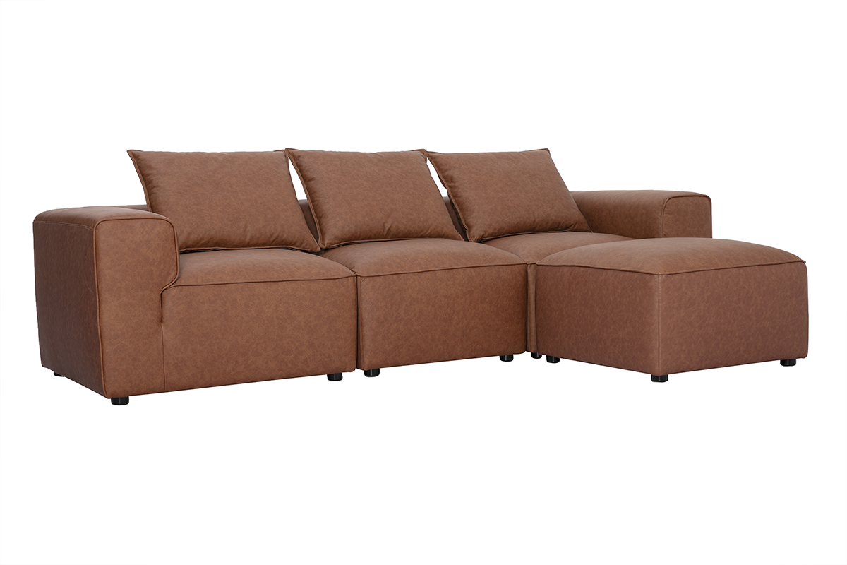 Canap� d'angle modulable 4 places en cuir marron, vue de 3/4 avec coussins.