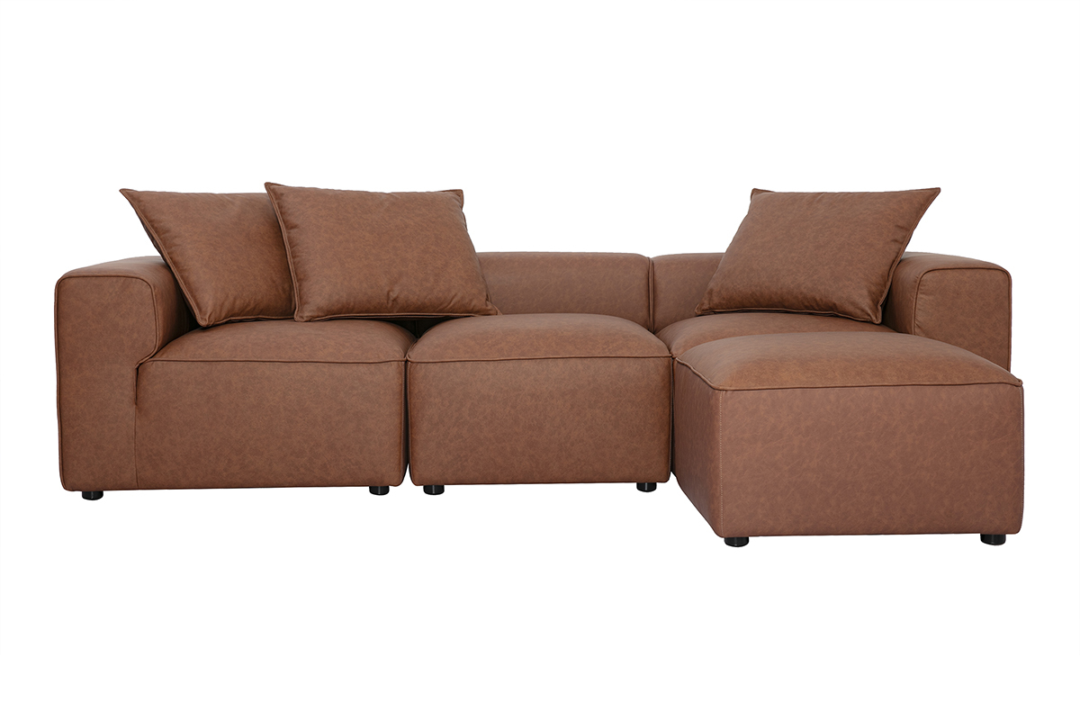 Canap� d'angle modulable 4 places en cuir marron, vue de face avec coussins.