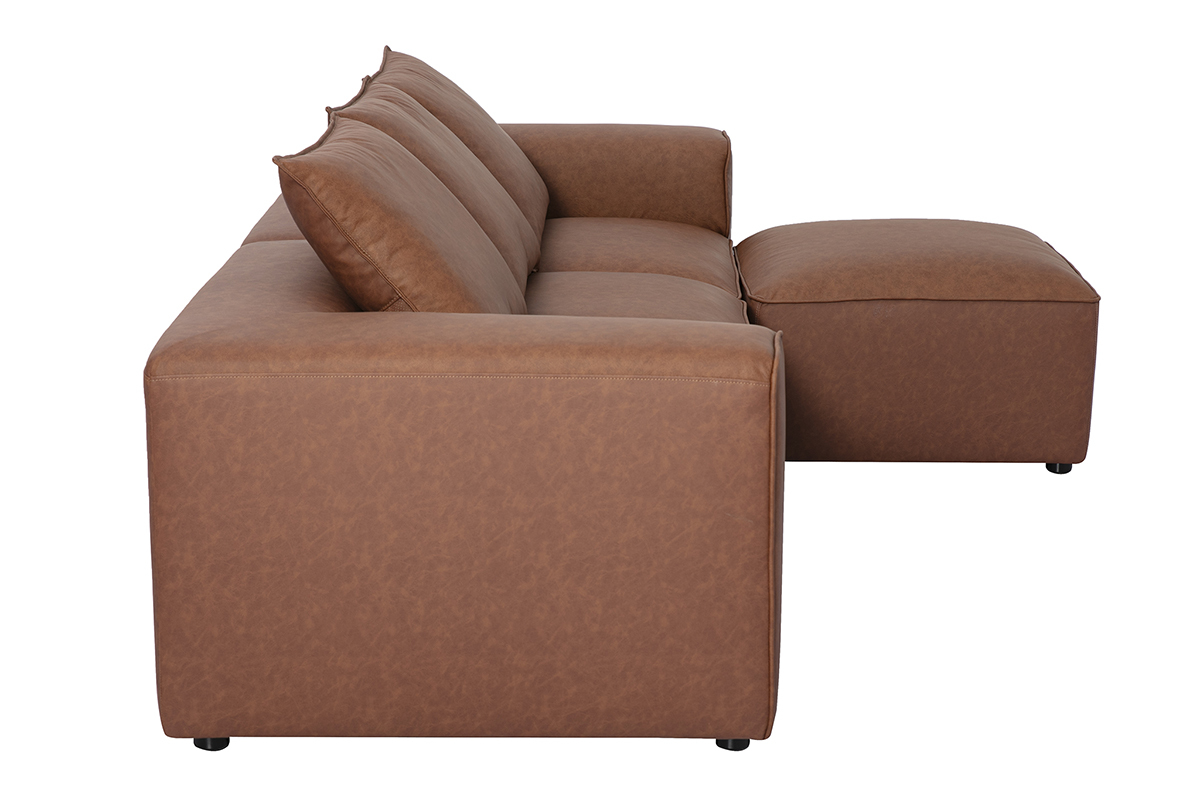 Canap� d'angle modulable 4 places en cuir marron, vue de profil avec pouf.