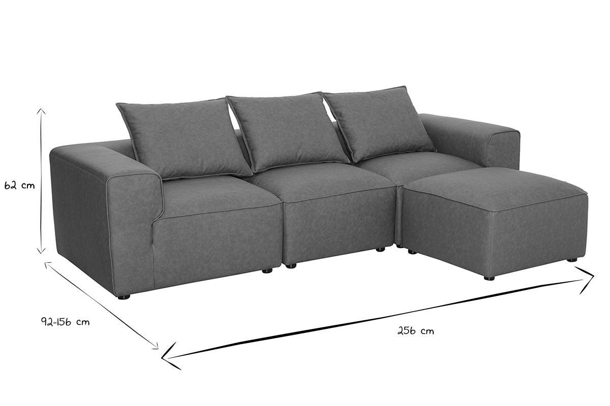 Dimensions du canap� d'angle modulable 4 places en noir et blanc, 256 cm x 92-156 cm x 62 cm.