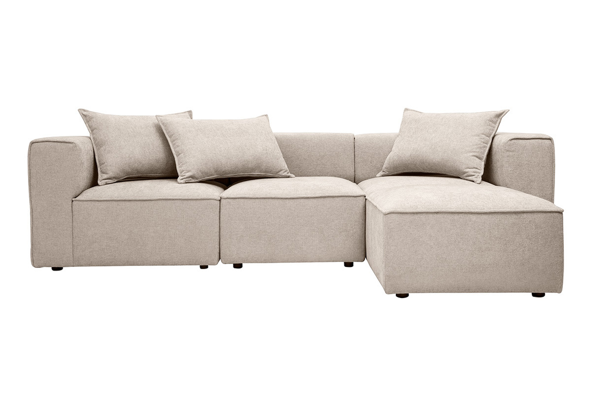Canap� d'angle modulable 4 places en tissu beige avec coussins, vue de face.