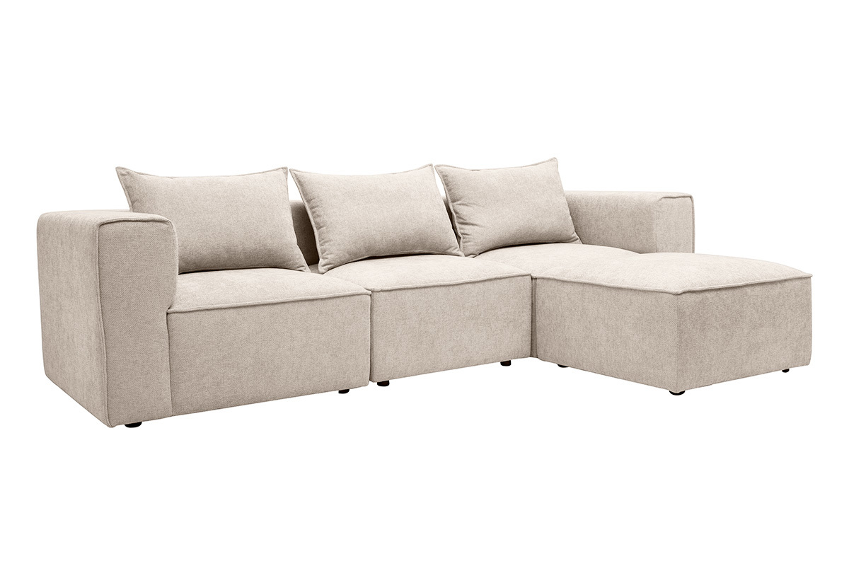 Canap� d'angle modulable 4 places beige en tissu effet velours, vue de 3/4