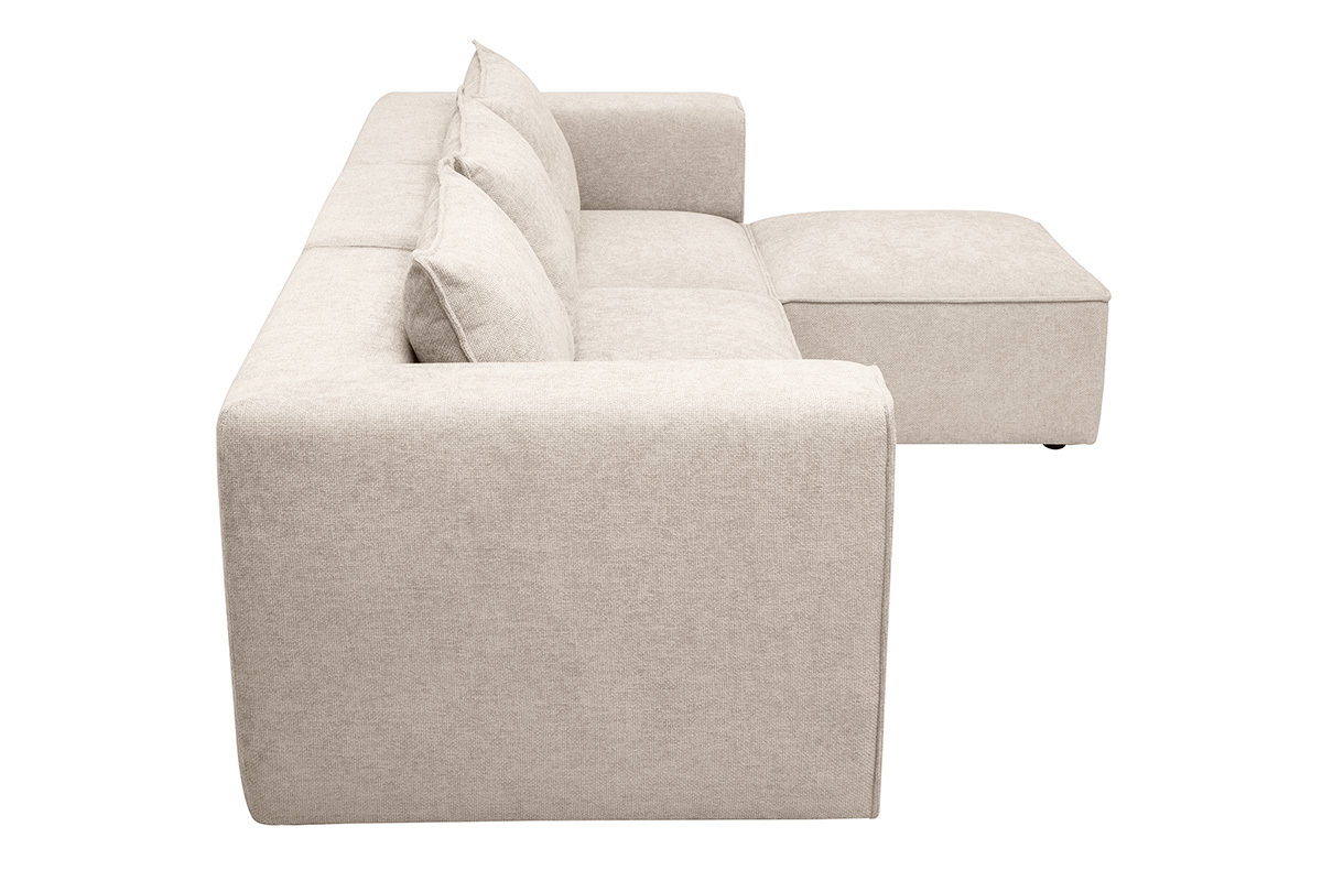 Canap� d'angle modulable 4 places beige avec coussins, vue de c�t�