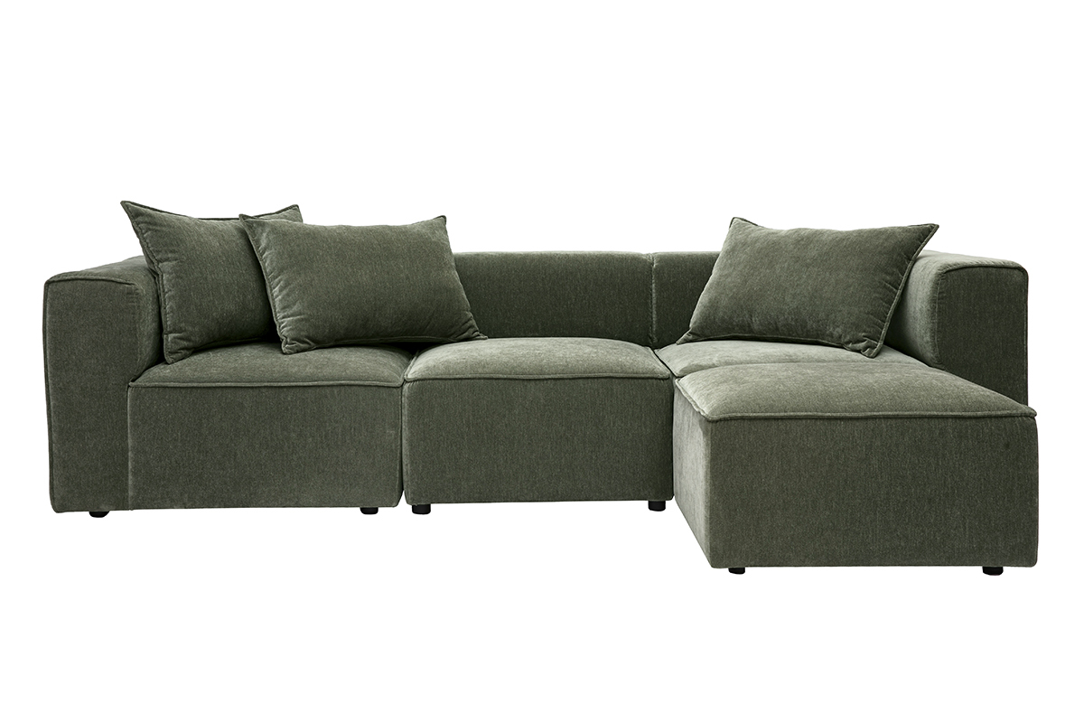 Canap� d'angle modulable 4 places en tissu effet velours vert kaki avec coussins, vue de face