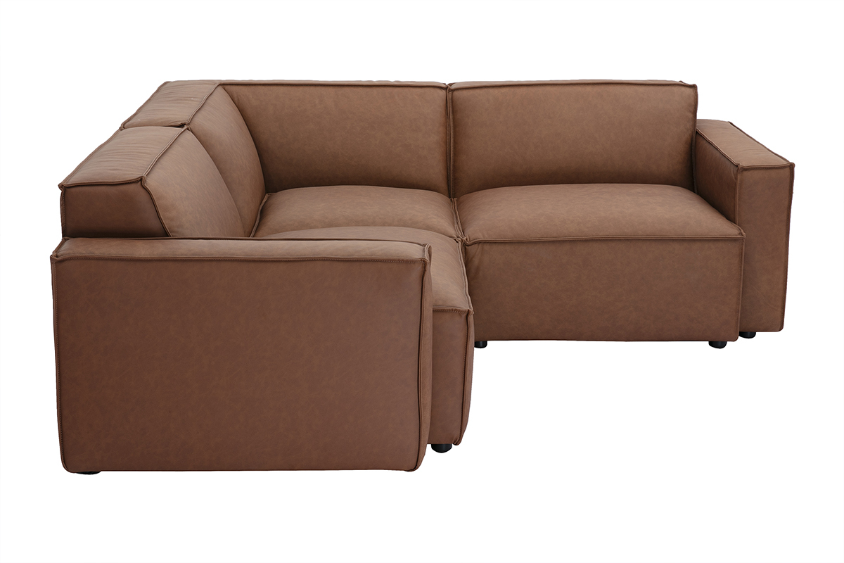 Canap� d'angle modulable 3 places en cuir marron de style vintage. Vue de profil.