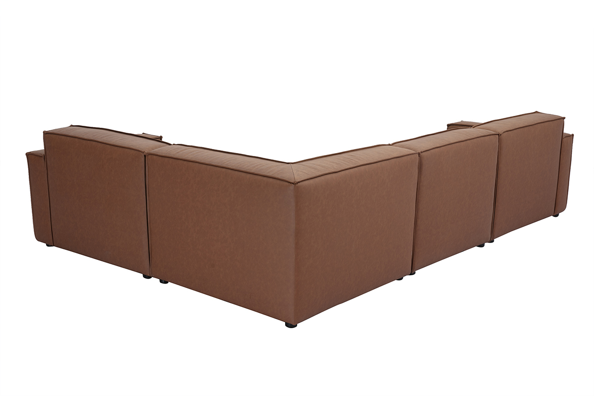Canap� d'angle modulable 5 places en cuir marron vintage, vue de dos.