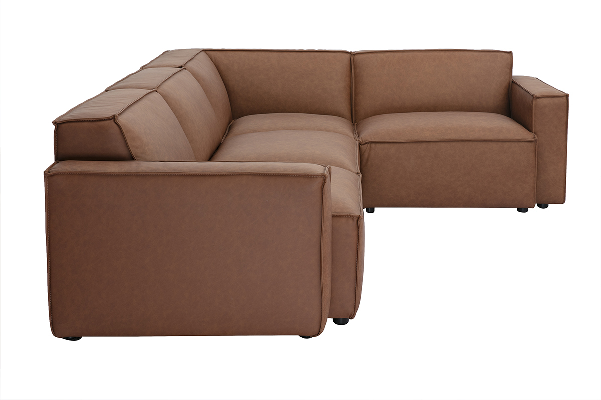 Canap� d'angle modulable 5 places en cuir marron, vue de profil.