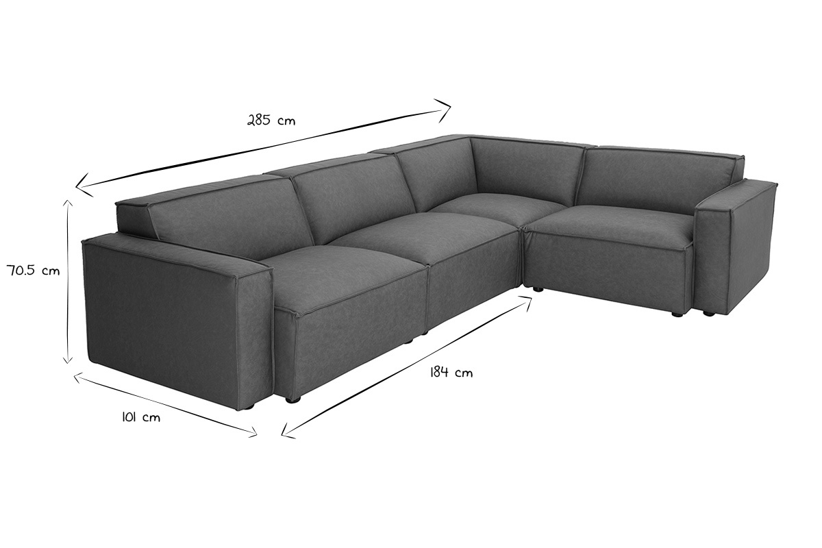 Dimensions du canap� d'angle modulable vintage 5 places en cuir marron SPLIT, L285 x P101-202 x H70,5 cm.
