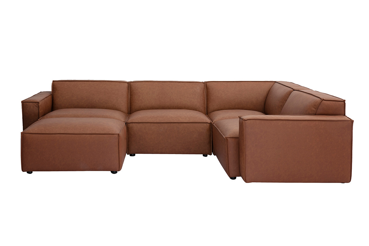 Canap� d'angle modulable vintage 5 places en cuir marron avec grand pouf