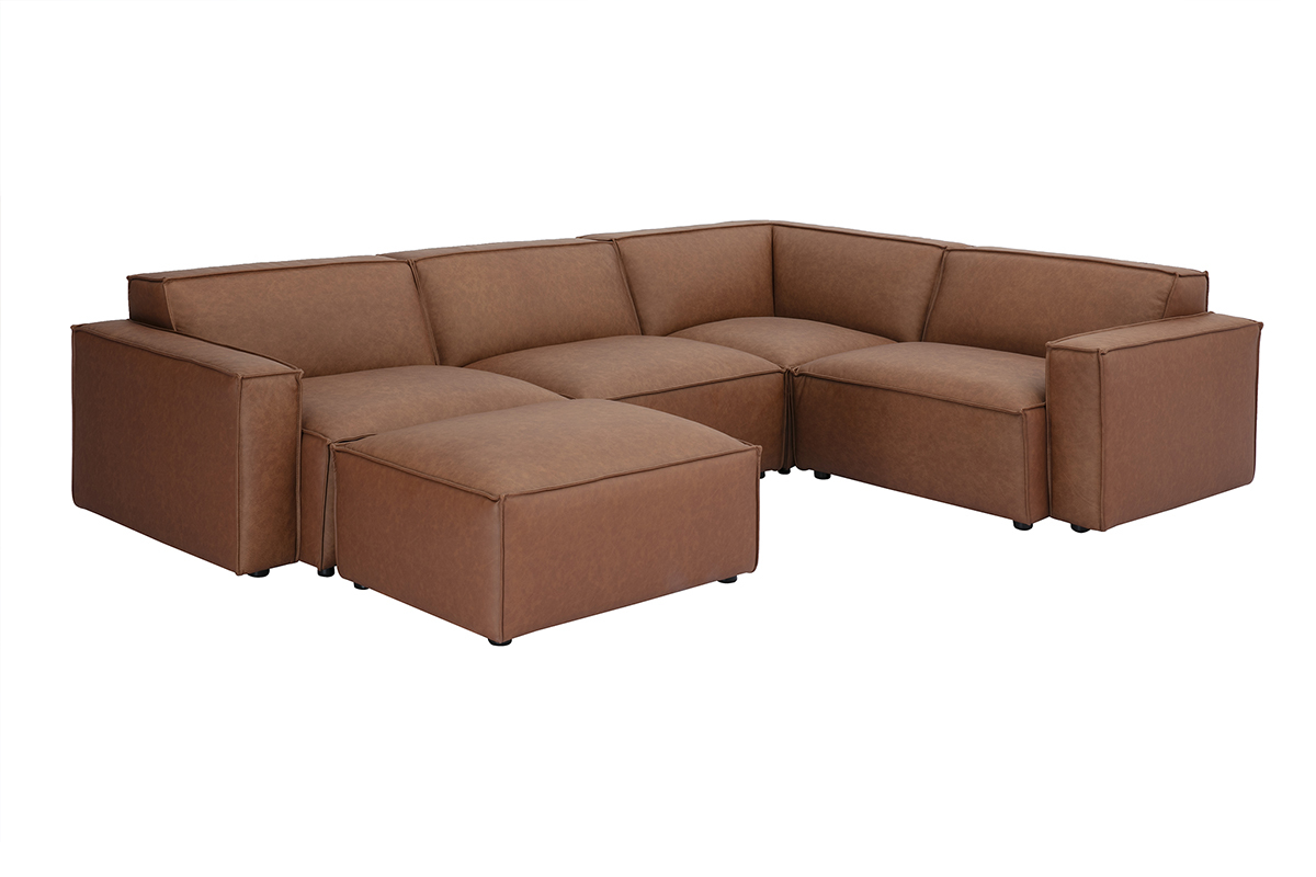 Canap� d'angle modulable marron 5 places et pouf en cuir, vue de 3/4.