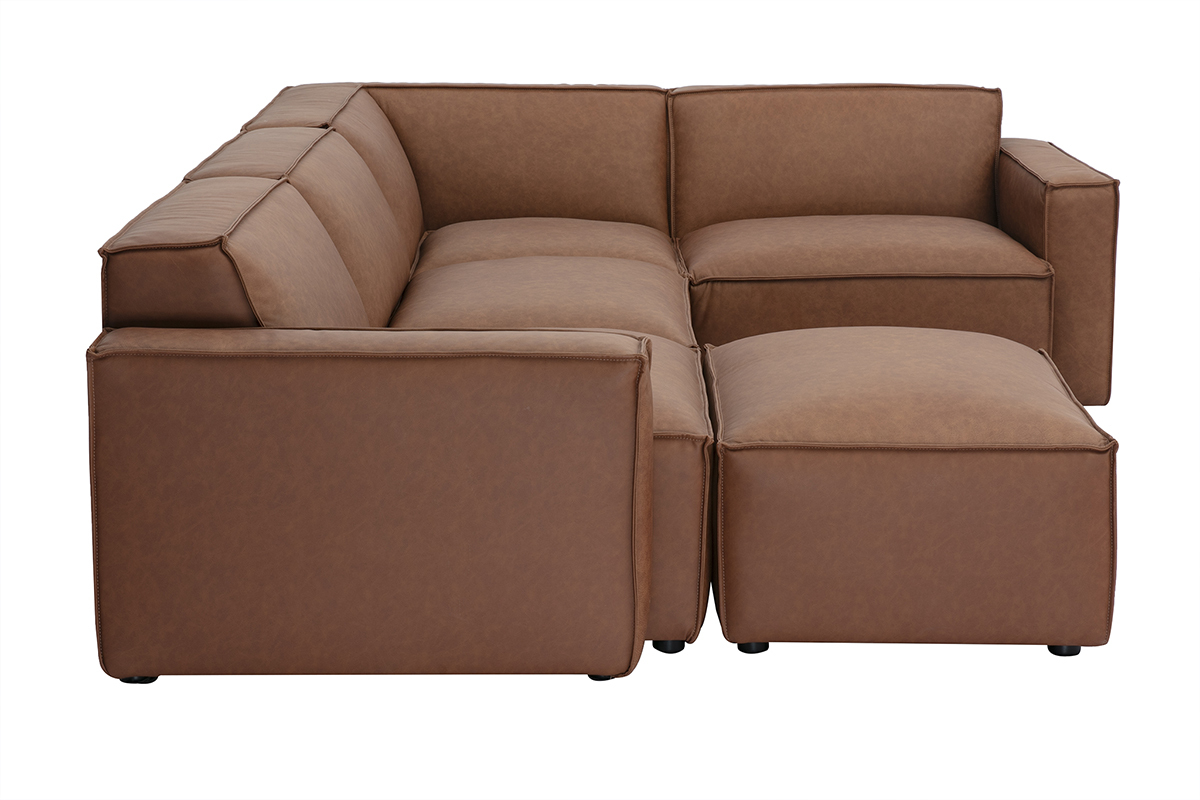 Canap� d'angle modulable vintage 5 places et pouf en cuir marron, vue de profil.