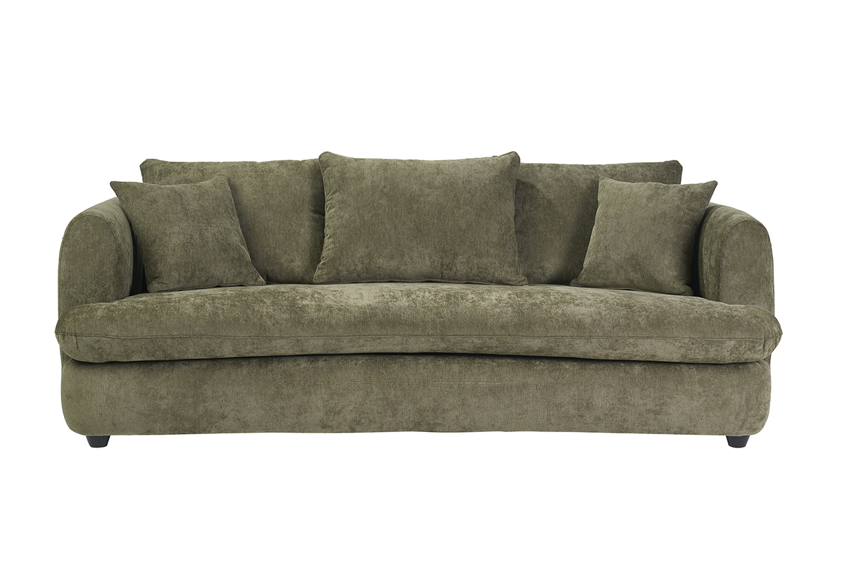 Canap� d�houssable 3-4 places design haricot en tissu effet velours textur� vert kaki, vue de face.