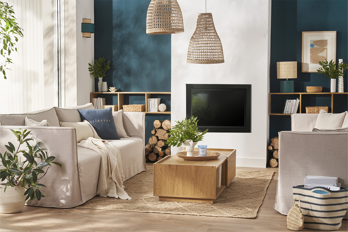 Canap� d�houssable 4-5 places en tissu beige ADELE