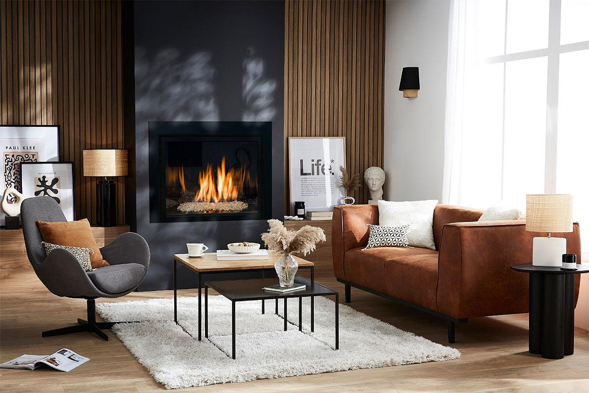 Canap� design 2-3 places en cuir aspect vieilli marron cognac MORRIS