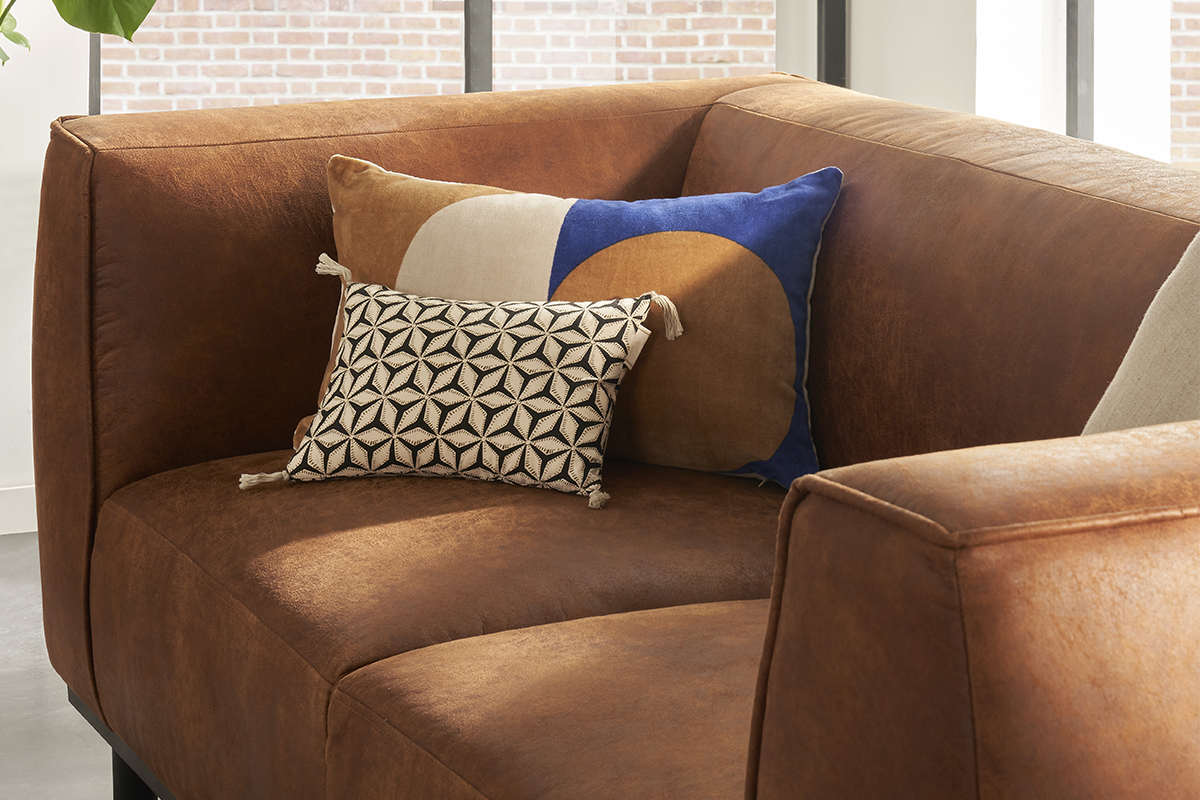 Canap� design 2-3 places en cuir aspect vieilli marron cognac MORRIS