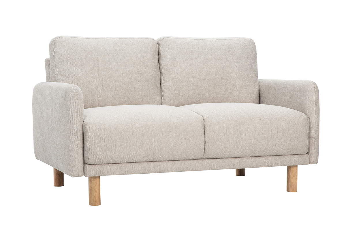 Canap� 2 places en tissu beige effet velours et pieds en bois clair, vue de 3/4.