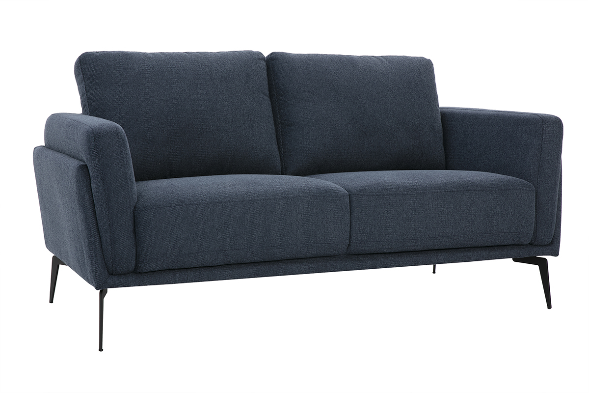 Canap� design 2 places en tissu effet velours textur� bleu fonc� et m�tal noir MOSCO